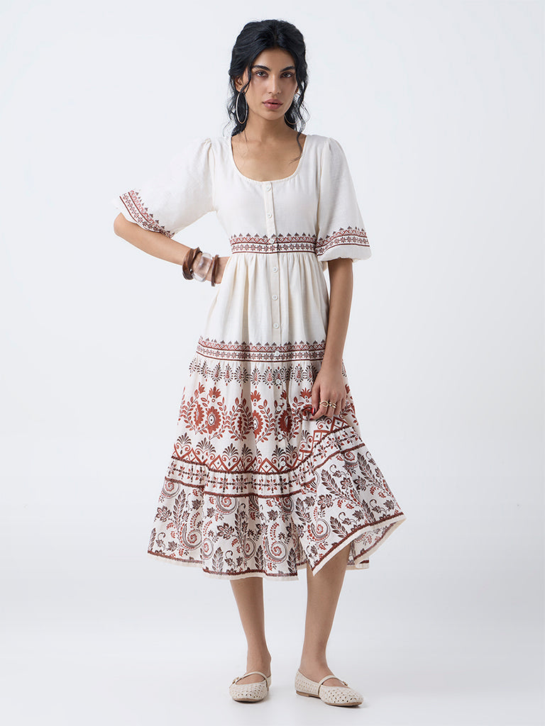Bombay Paisley Off-White Printed Cotton A-Line Dress