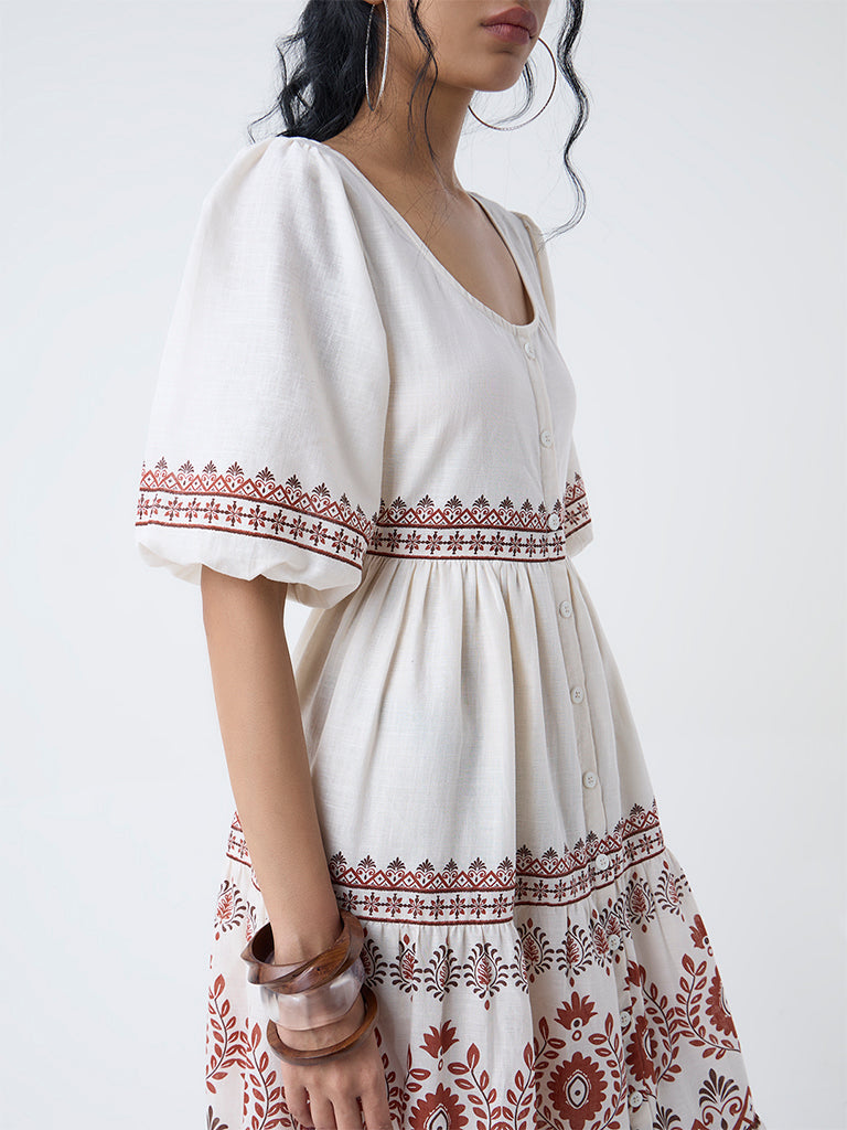 Bombay Paisley Off-White Printed Cotton A-Line Dress