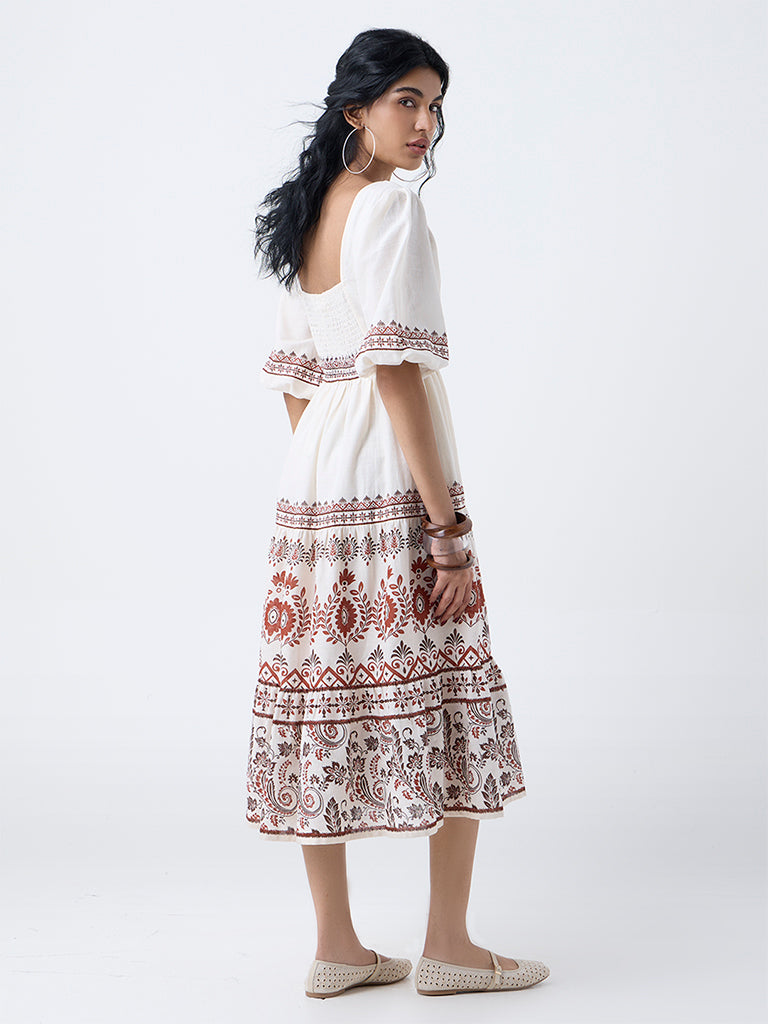 Bombay Paisley Off-White Printed Cotton A-Line Dress
