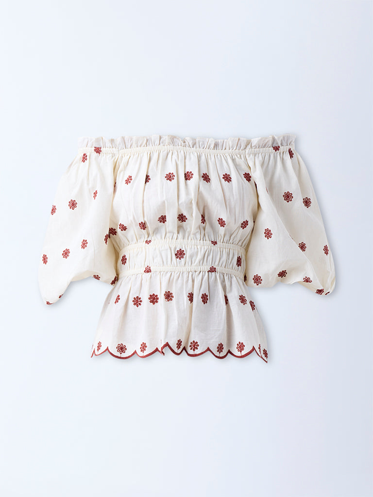 Bombay Paisley Cream Floral Embroidered Cotton Top