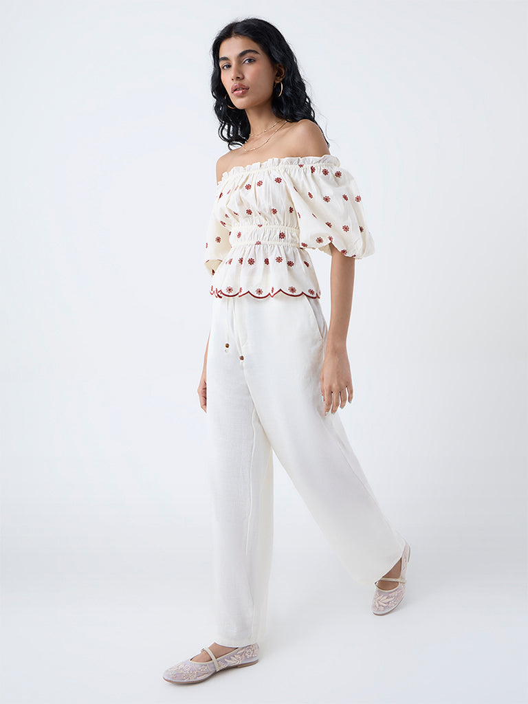 Bombay Paisley Cream Floral Embroidered Cotton Top