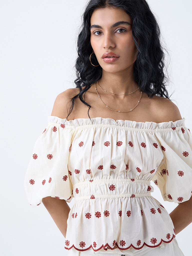 Bombay Paisley Cream Floral Embroidered Cotton Top