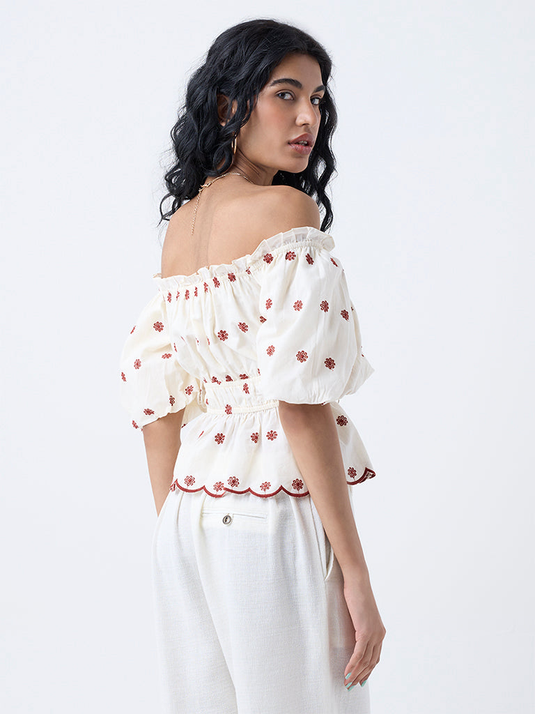 Bombay Paisley Cream Floral Embroidered Cotton Top