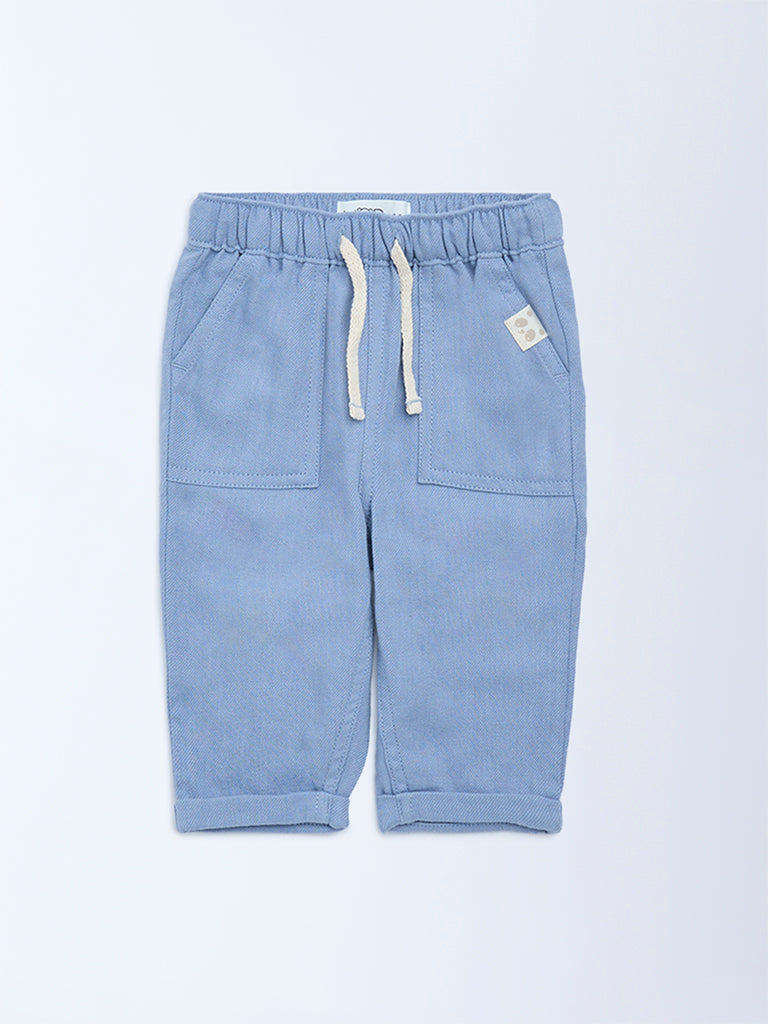 HOP Baby Blue Solid Mid-Rise Cotton-Blend Trousers