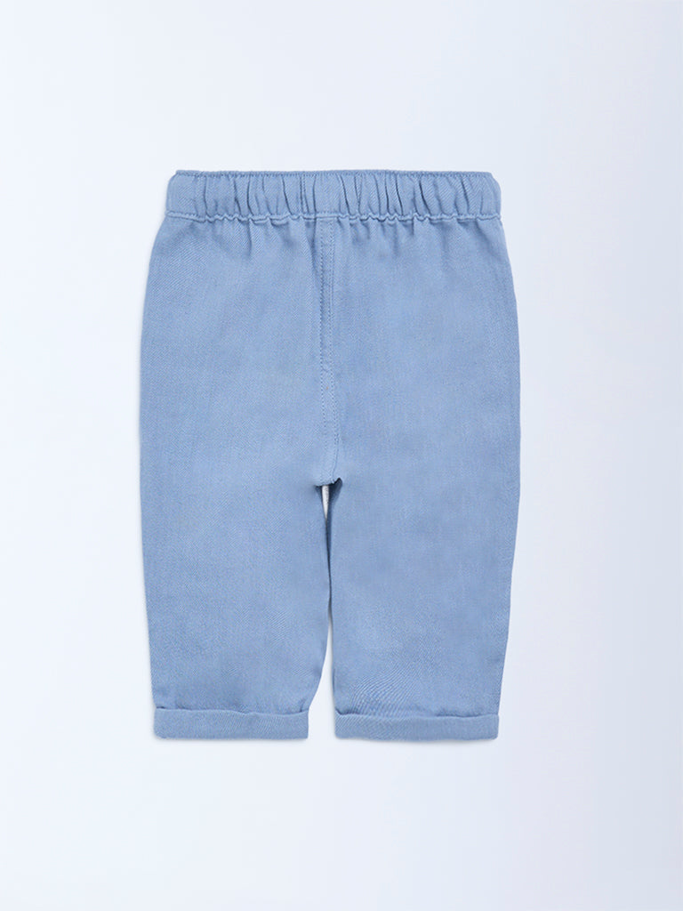 HOP Baby Blue Solid Mid-Rise Cotton-Blend Trousers