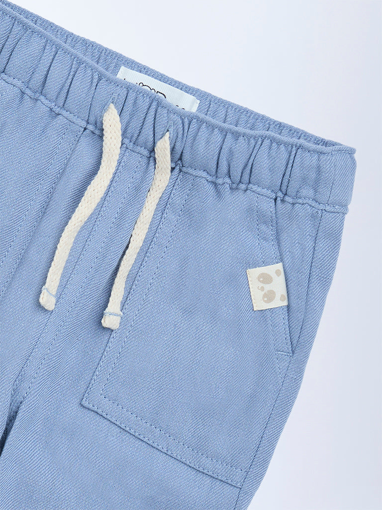 HOP Baby Blue Solid Mid-Rise Cotton-Blend Trousers