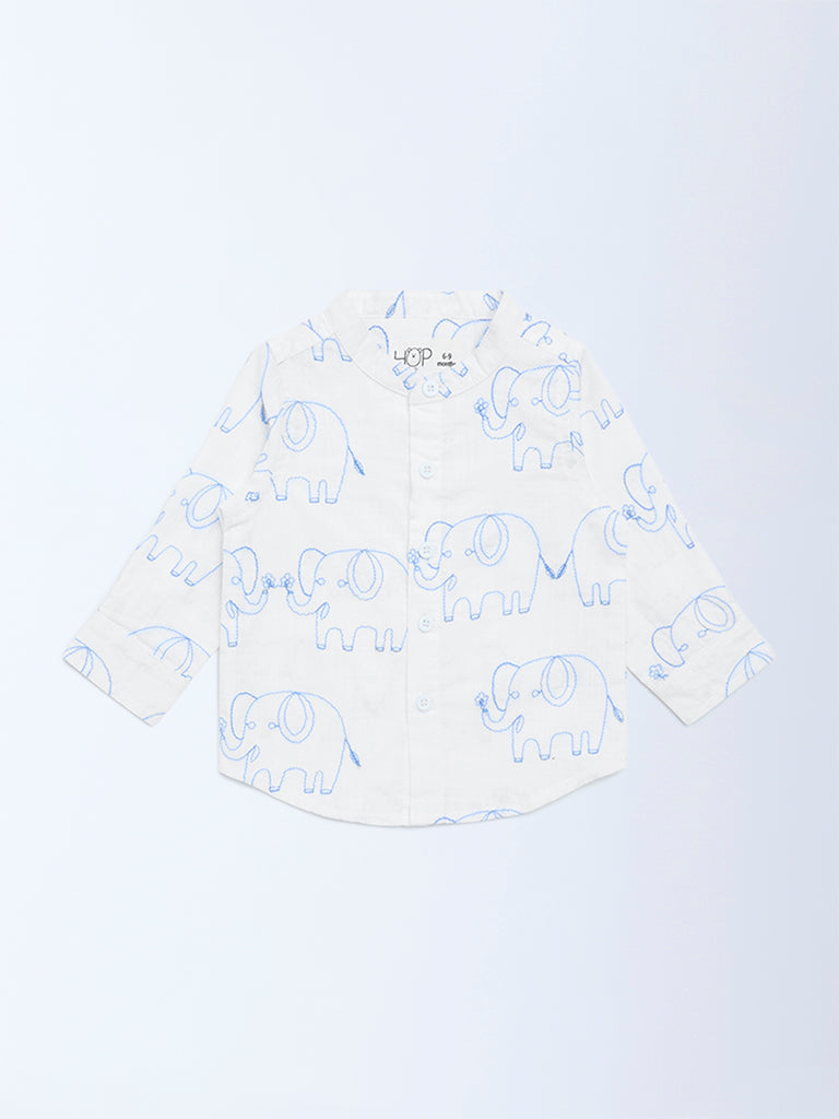 HOP Baby White Animal Embroidered Cotton Shirt