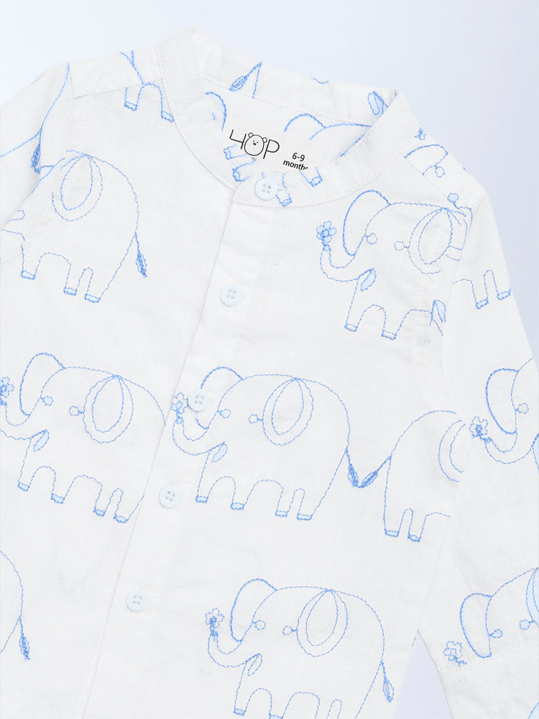 HOP Baby White Animal Embroidered Cotton Shirt