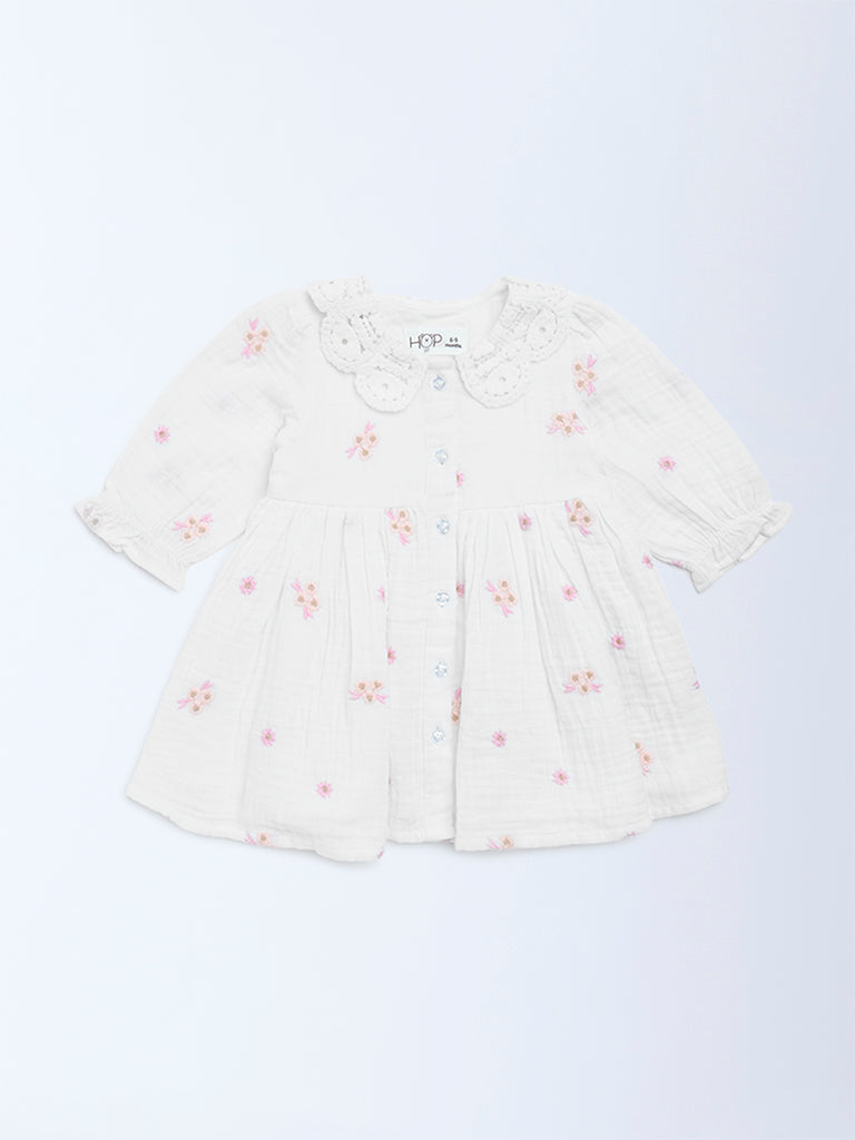 HOP Baby White Floral Embroidered A-Line Cotton Dress