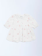 HOP Baby White Floral Embroidered A-Line Cotton Dress