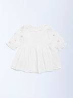 HOP Baby White Floral Embroidered A-Line Cotton Dress