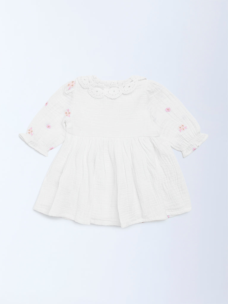 HOP Baby White Floral Embroidered A-Line Cotton Dress