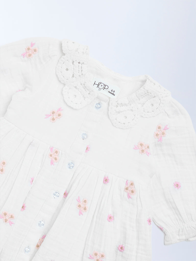 HOP Baby White Floral Embroidered A-Line Cotton Dress
