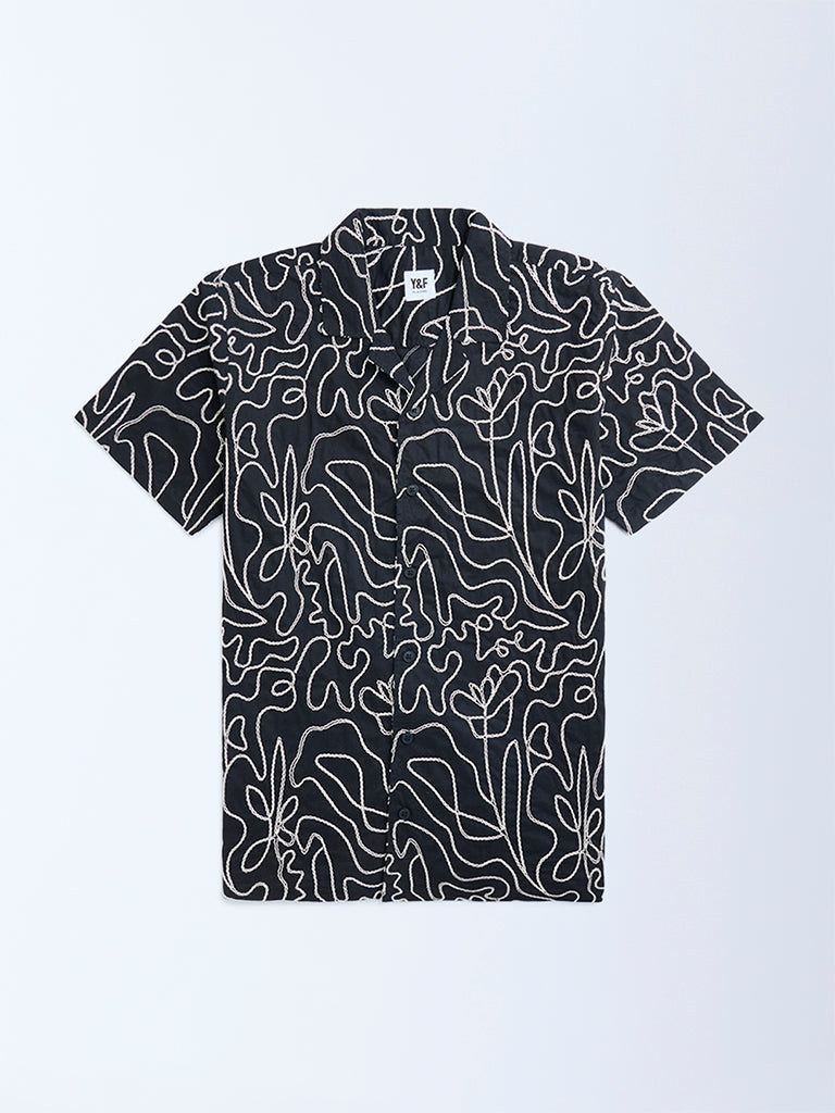 Y&F Kids Black Embroidered Resort-Fit Cotton Shirt