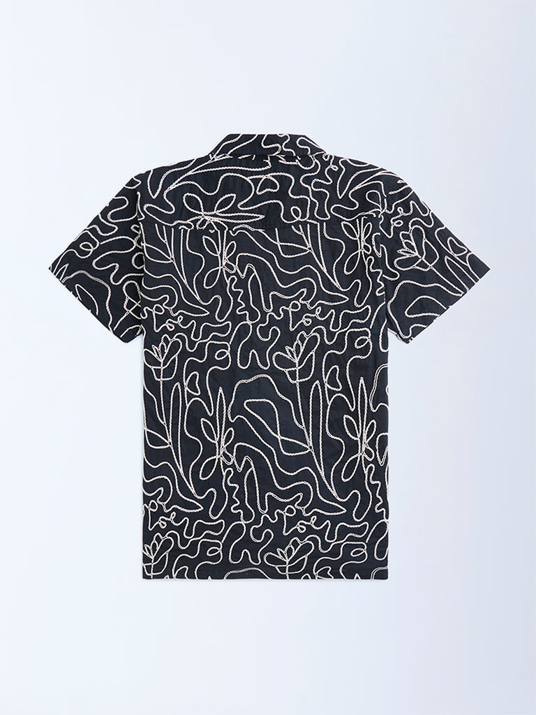 Y&F Kids Black Embroidered Resort-Fit Cotton Shirt