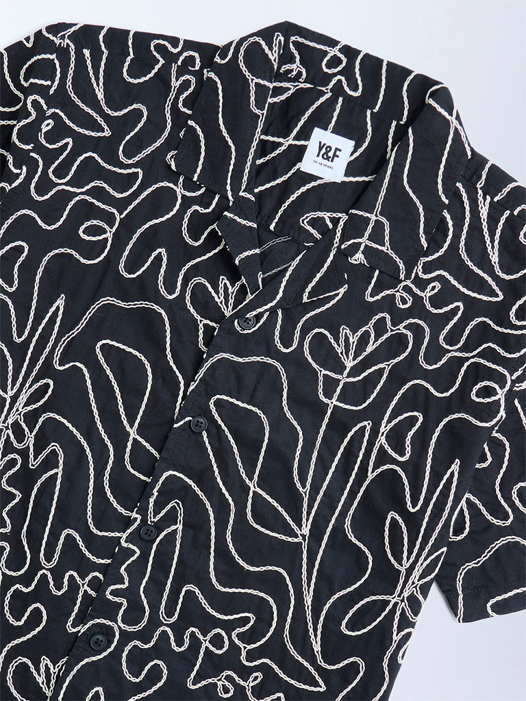 Y&F Kids Black Embroidered Resort-Fit Cotton Shirt