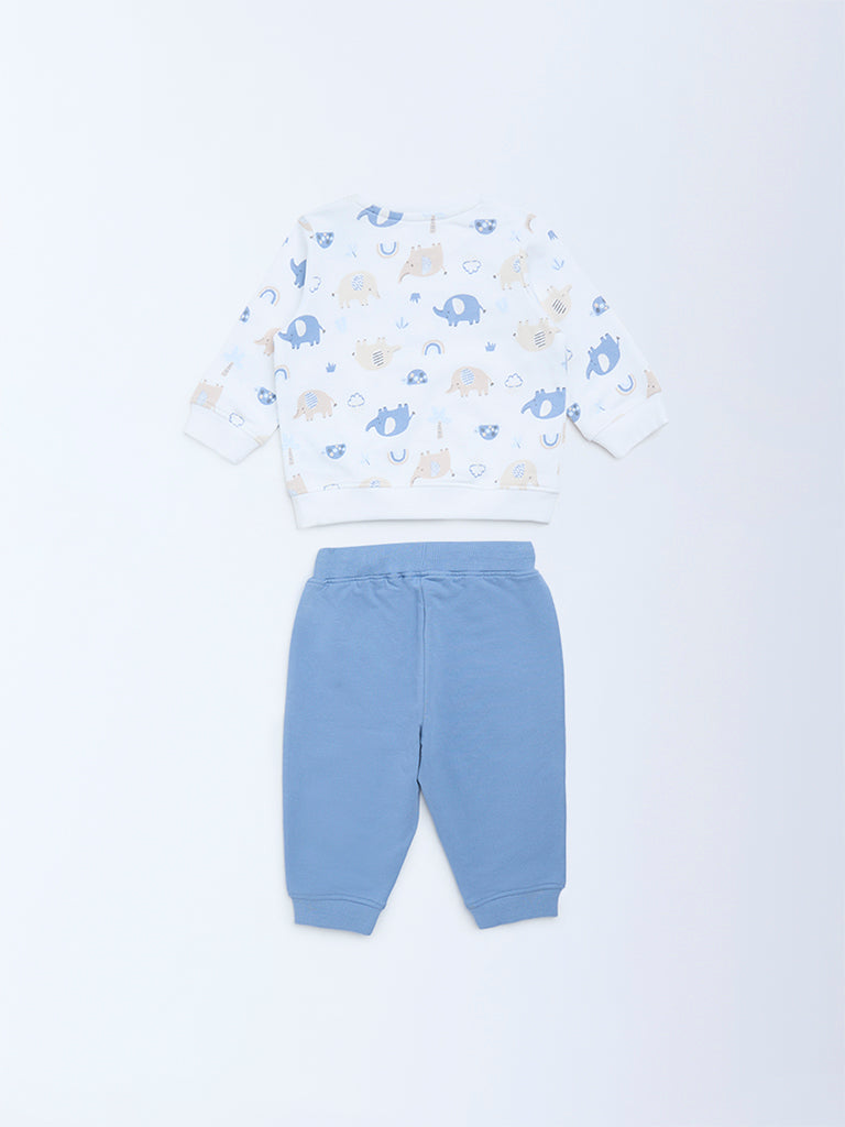HOP Baby White Animal Printed Cotton Sweatshirt and Pants Set