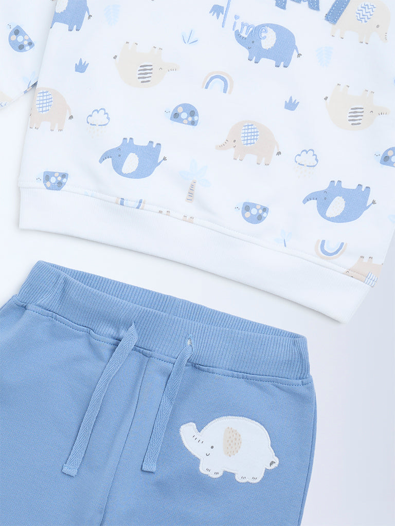 HOP Baby White Animal Printed Cotton Sweatshirt and Pants Set