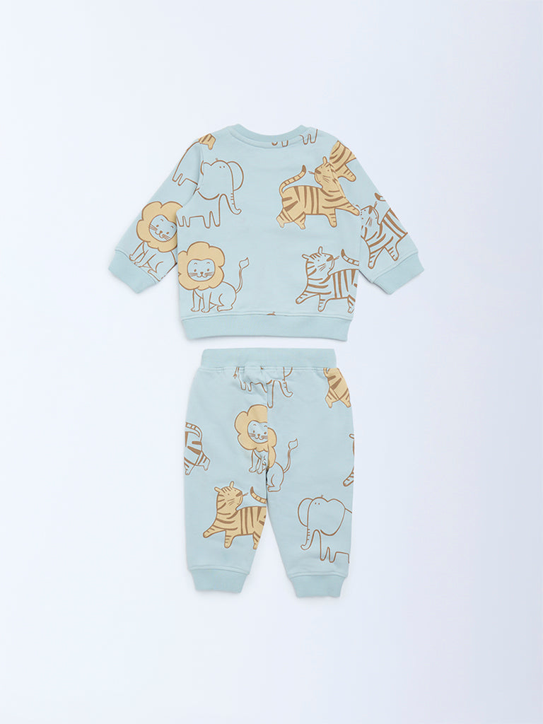 HOP Baby Sage Animal Printed Cotton Sweatshirt and Pants Set