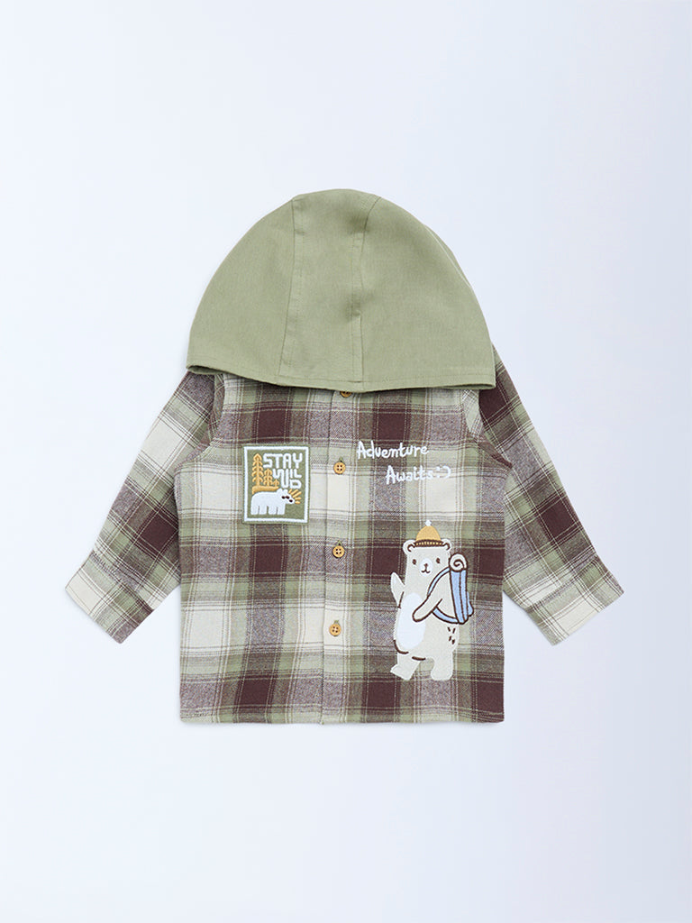 HOP Baby Olive Checkered Cotton Hooded Shirt