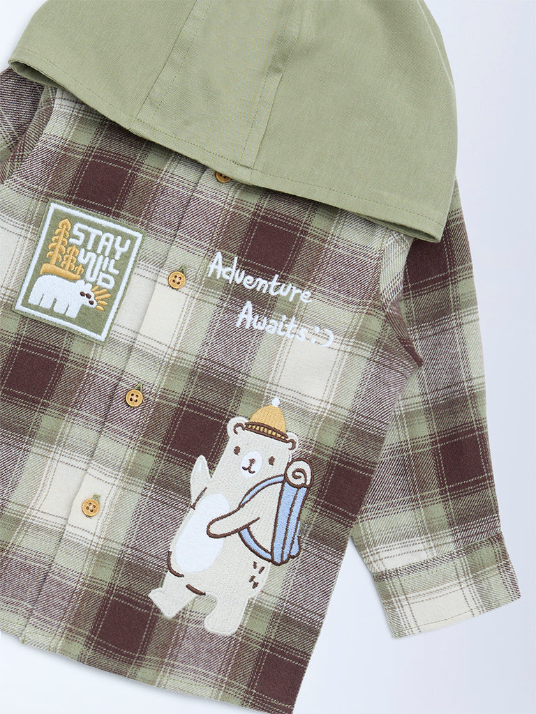 HOP Baby Olive Checkered Cotton Hooded Shirt
