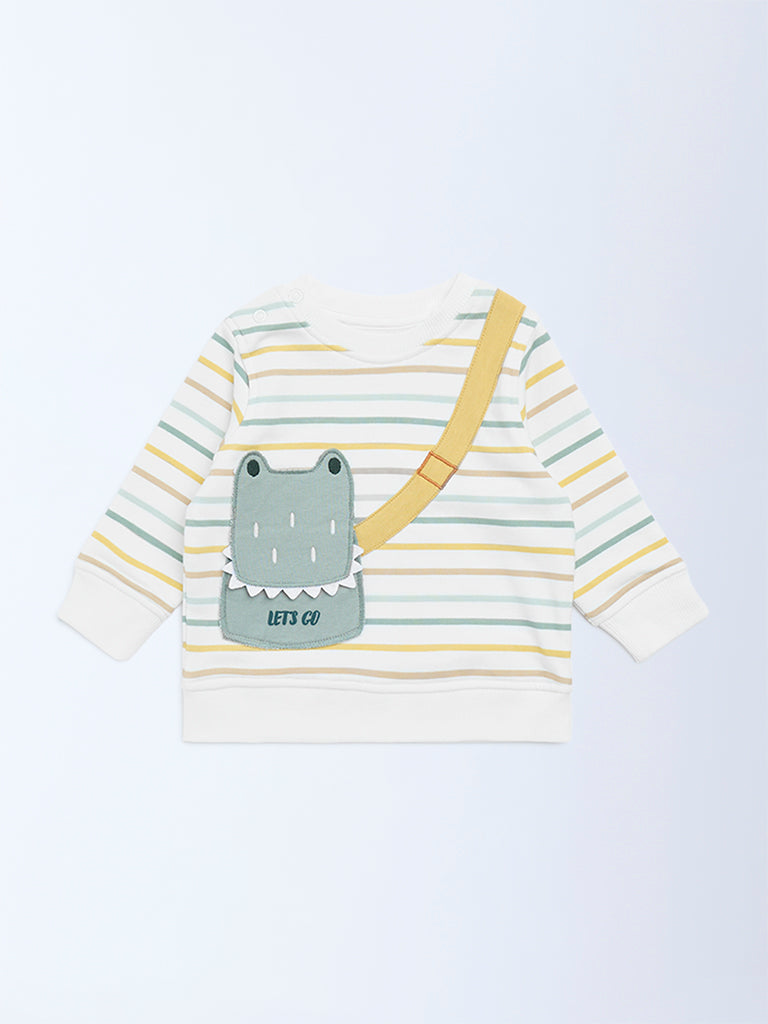 HOP Baby White Stripe Printed Cotton-Blend Sweatshirt