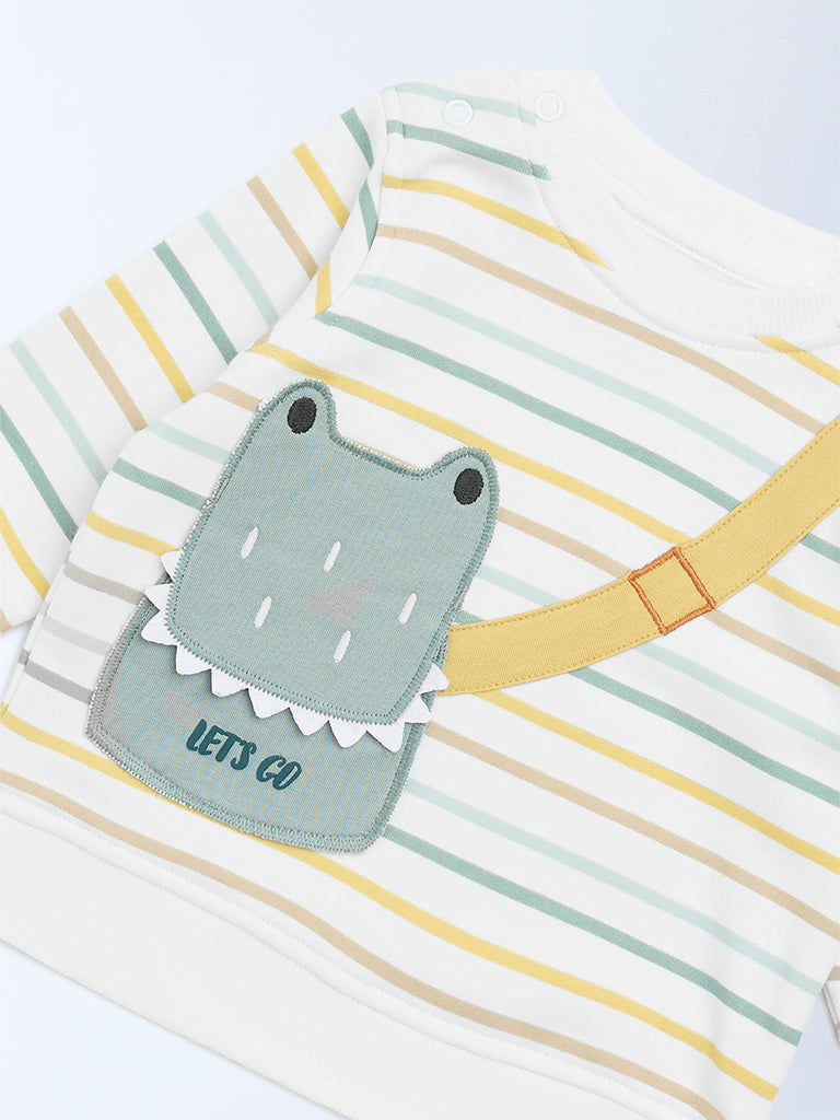 HOP Baby White Stripe Printed Cotton-Blend Sweatshirt