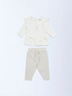 HOP Baby White Cotton-Blend A-Line Dress with Pants Set