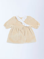 HOP Baby Beige Schiffli Detailed Cotton-Blend A-Line Dress