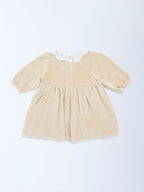 HOP Baby Beige Schiffli Detailed Cotton-Blend A-Line Dress