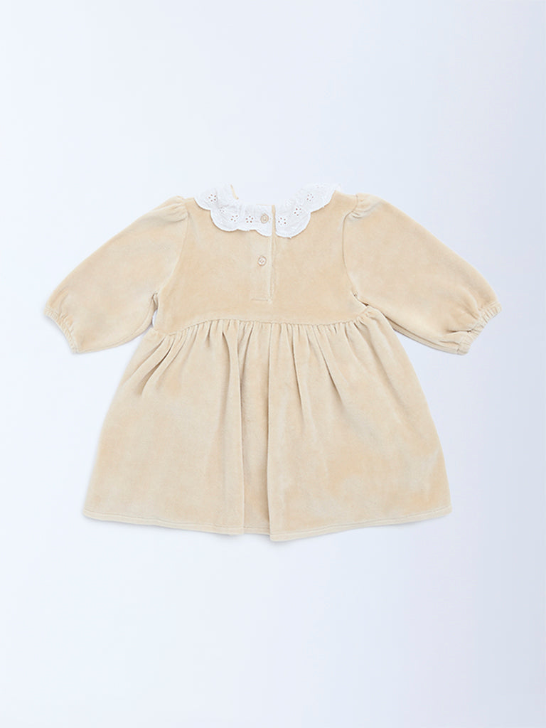 HOP Baby Beige Schiffli Detailed Cotton-Blend A-Line Dress