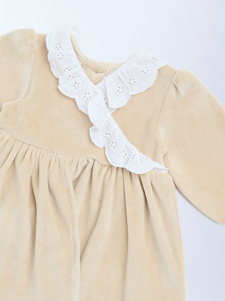 HOP Baby Beige Schiffli Detailed Cotton-Blend A-Line Dress