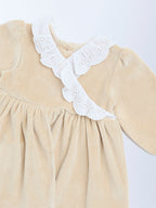 HOP Baby Beige Schiffli Detailed Cotton-Blend A-Line Dress