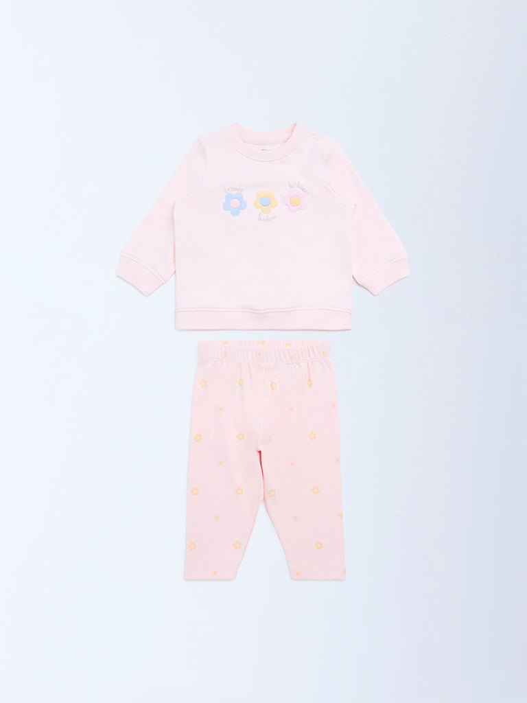 HOP Baby Pink Floral Cotton Sweatshirt and Pants Set