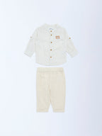 HOP Baby Beige Checkered Cotton-Blend Shirt and Pants Set