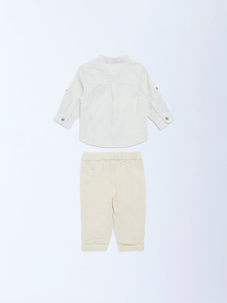 HOP Baby Beige Checkered Cotton-Blend Shirt and Pants Set