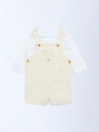 HOP Baby Beige Corduroy Cotton Dungaree with T-Shirt Set