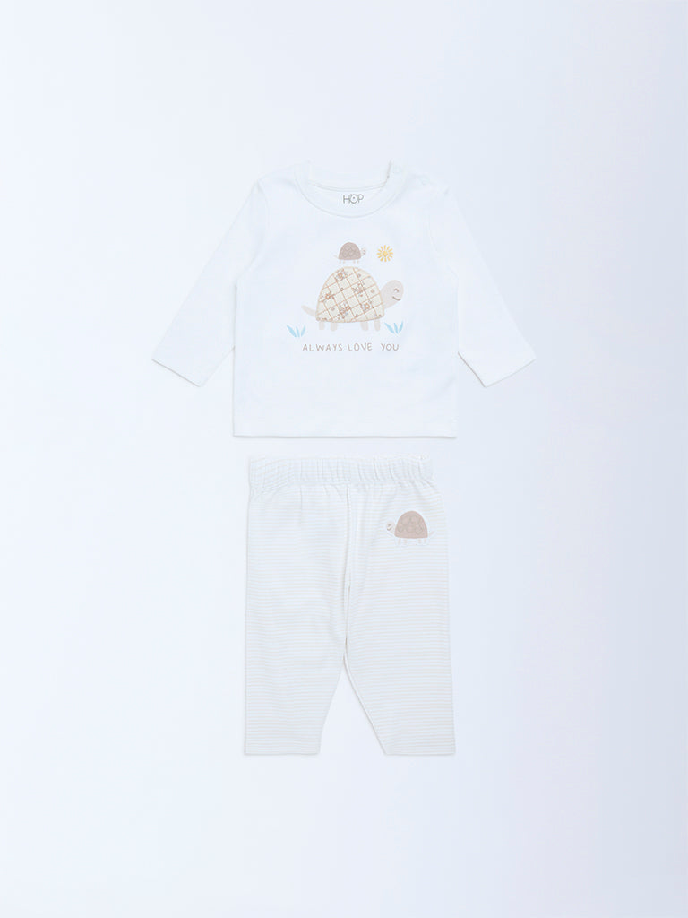 HOP Baby White Animal Printed Cotton T-Shirt and Pants Set