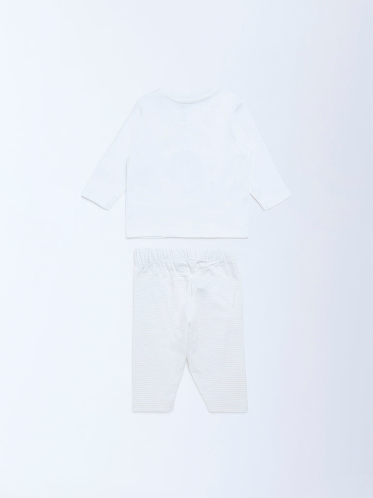 HOP Baby White Animal Printed Cotton T-Shirt and Pants Set