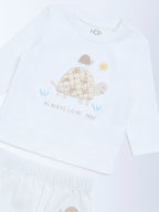 HOP Baby White Animal Printed Cotton T-Shirt and Pants Set