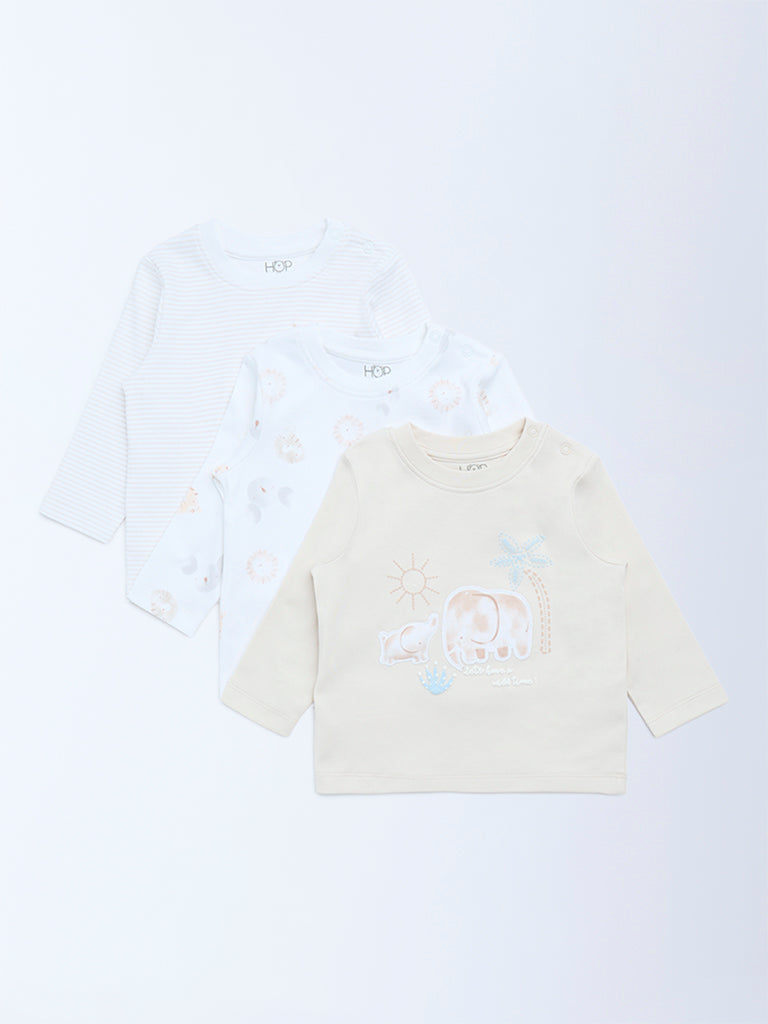 HOP Baby Beige Printed Cotton T-Shirts - Pack of 3