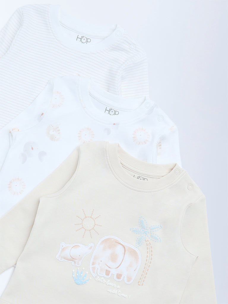 HOP Baby Beige Printed Cotton T-Shirts - Pack of 3