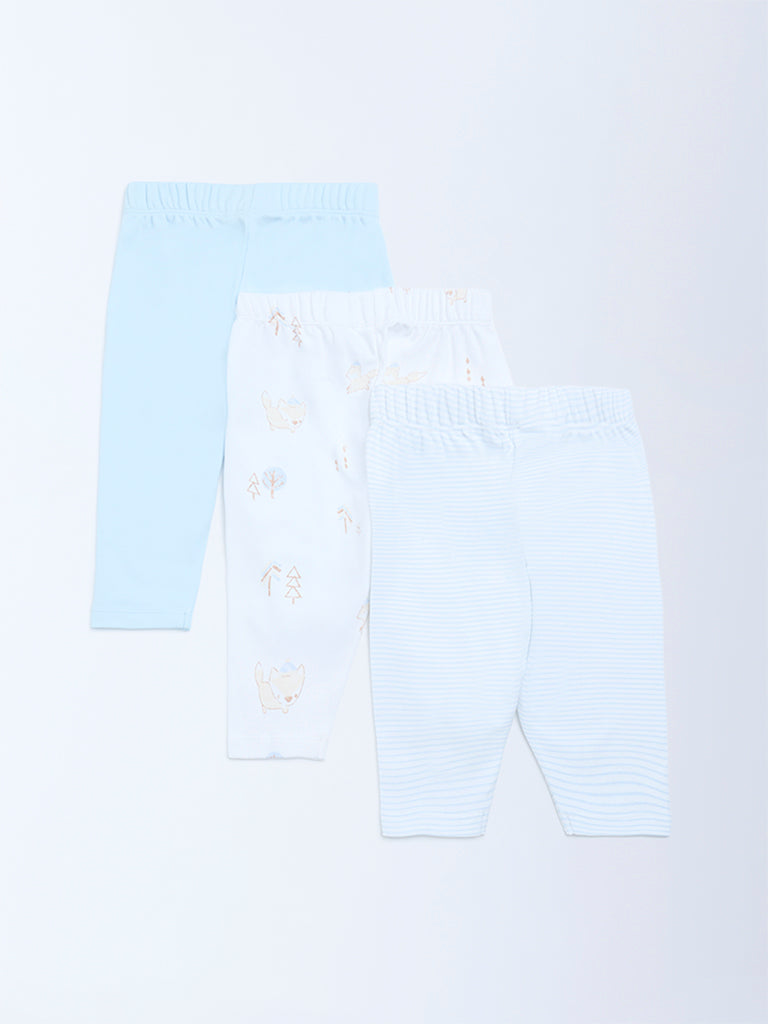 HOP Baby Blue Printed Mid-Rise Cotton Pants - Pack of 3
