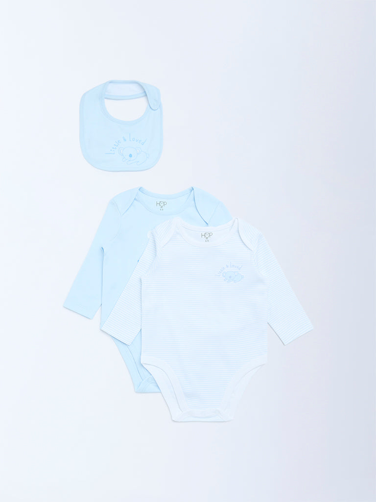 HOP Baby Blue Printed Cotton Rompers and Bib - Pack of 2