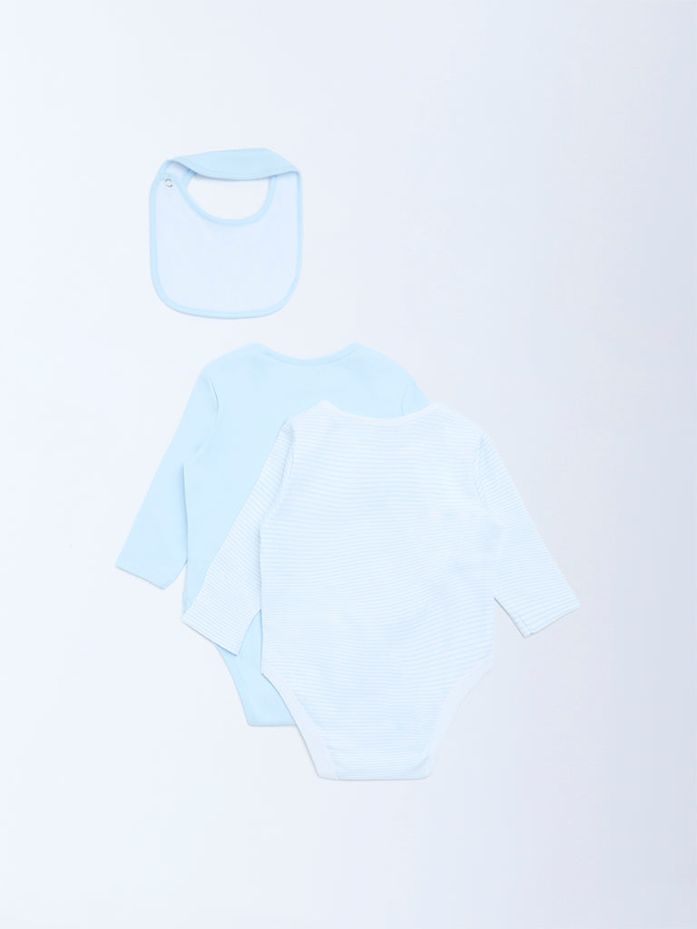 HOP Baby Blue Printed Cotton Rompers and Bib - Pack of 2