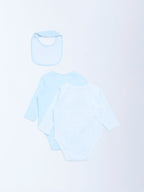 HOP Baby Blue Printed Cotton Rompers and Bib - Pack of 2