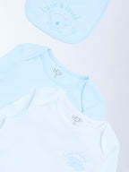 HOP Baby Blue Printed Cotton Rompers and Bib - Pack of 2