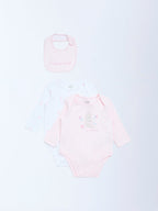 HOP Baby Pink Printed Cotton Rompers and Bib - Pack of 2
