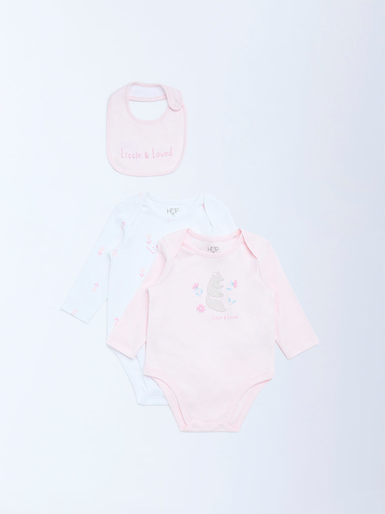 HOP Baby Pink Printed Cotton Rompers and Bib - Pack of 2