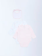 HOP Baby Pink Printed Cotton Rompers and Bib - Pack of 2